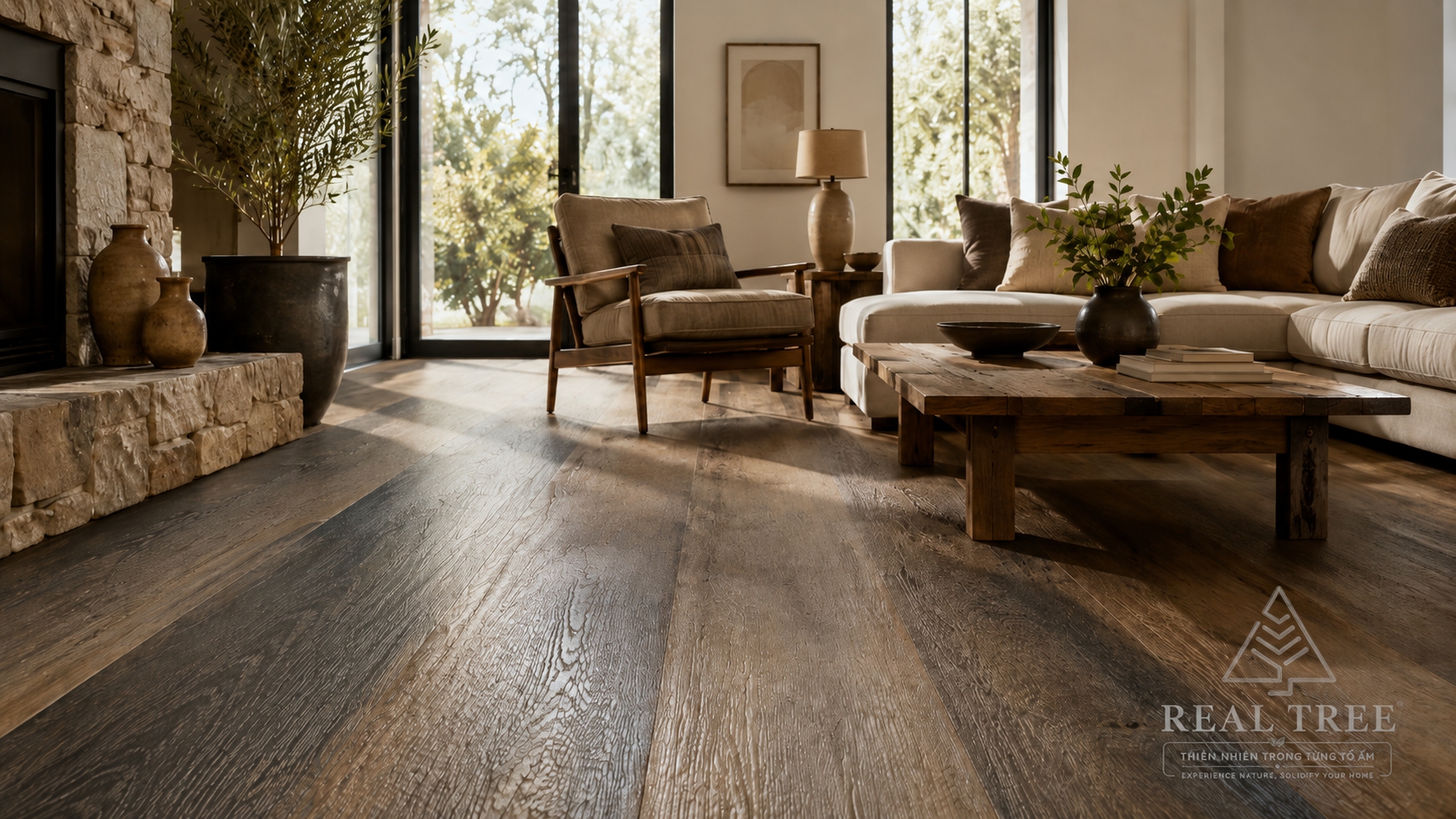 Sàn gỗ cào xước Rustic: Khi vẻ mộc mạc trở thành điểm nhấn của không gian